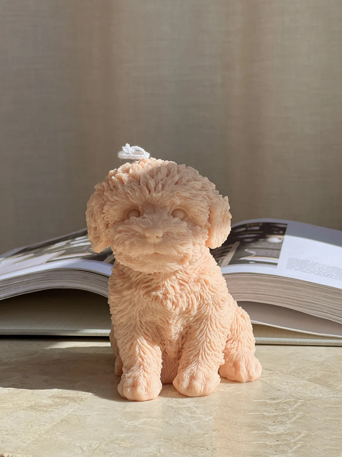Large Fluffy Dog Candle in Ivory
