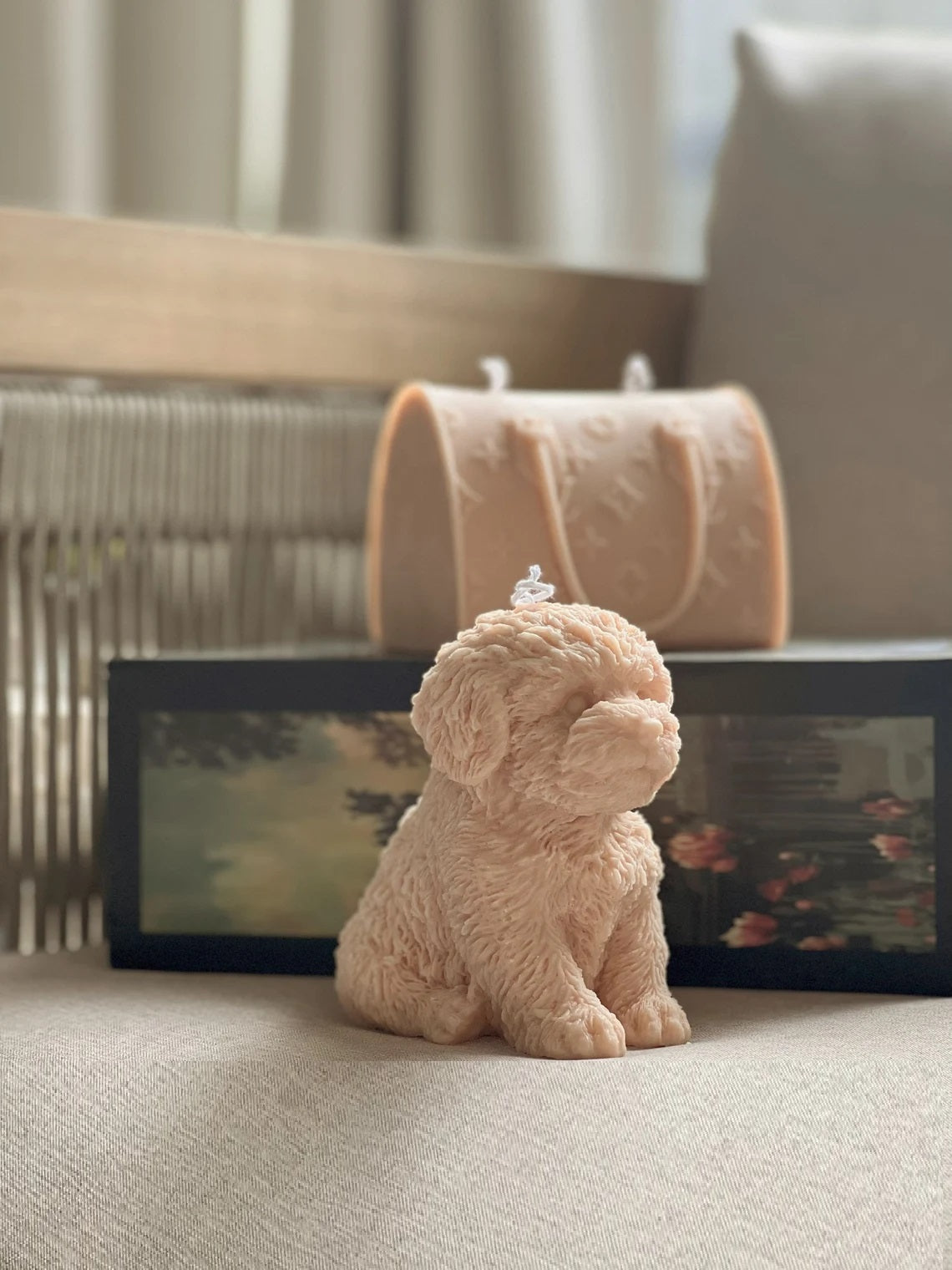 Large Fluffy Dog Candle in Ivory