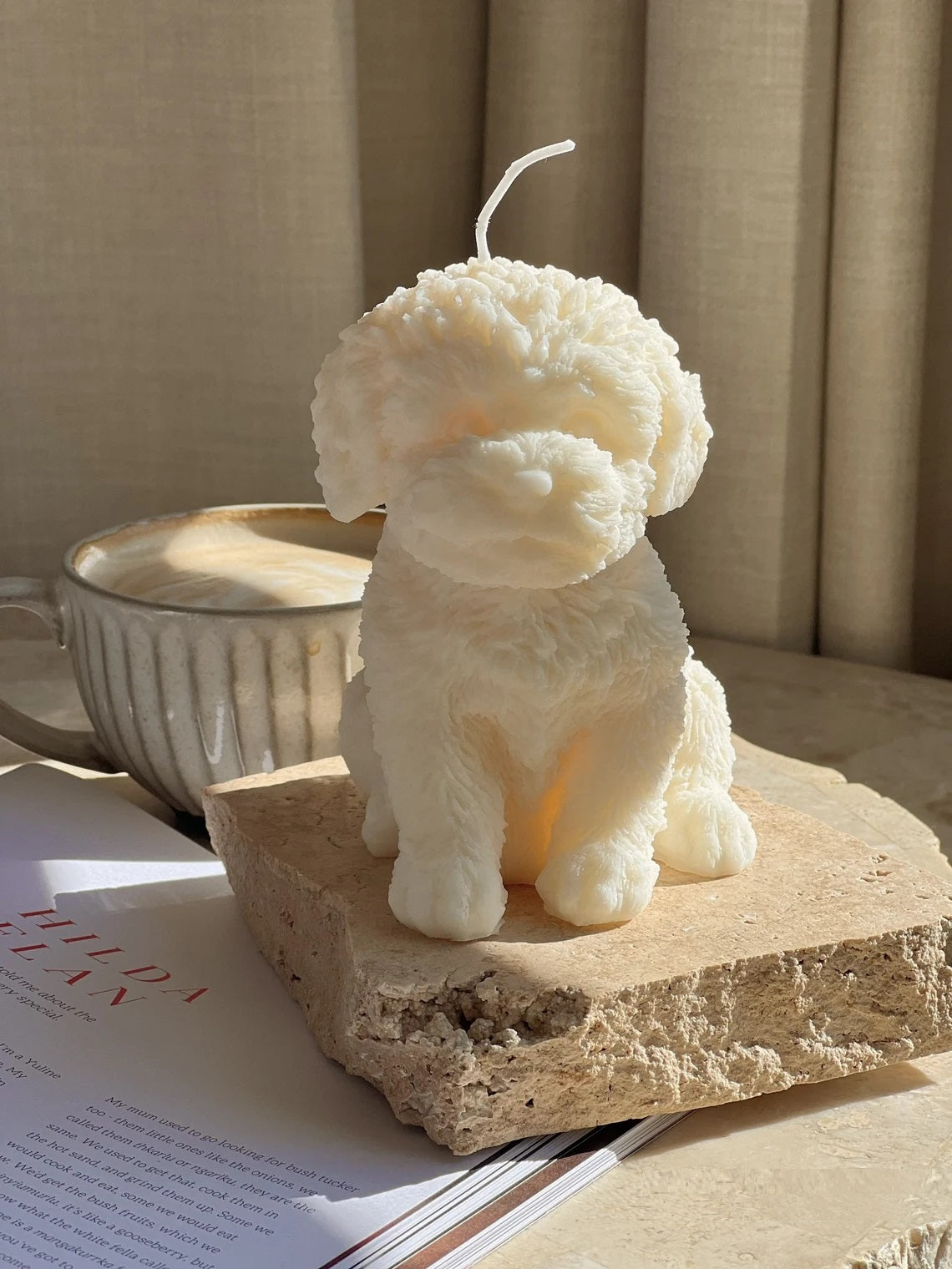 Large Fluffy Dog Candle in Ivory