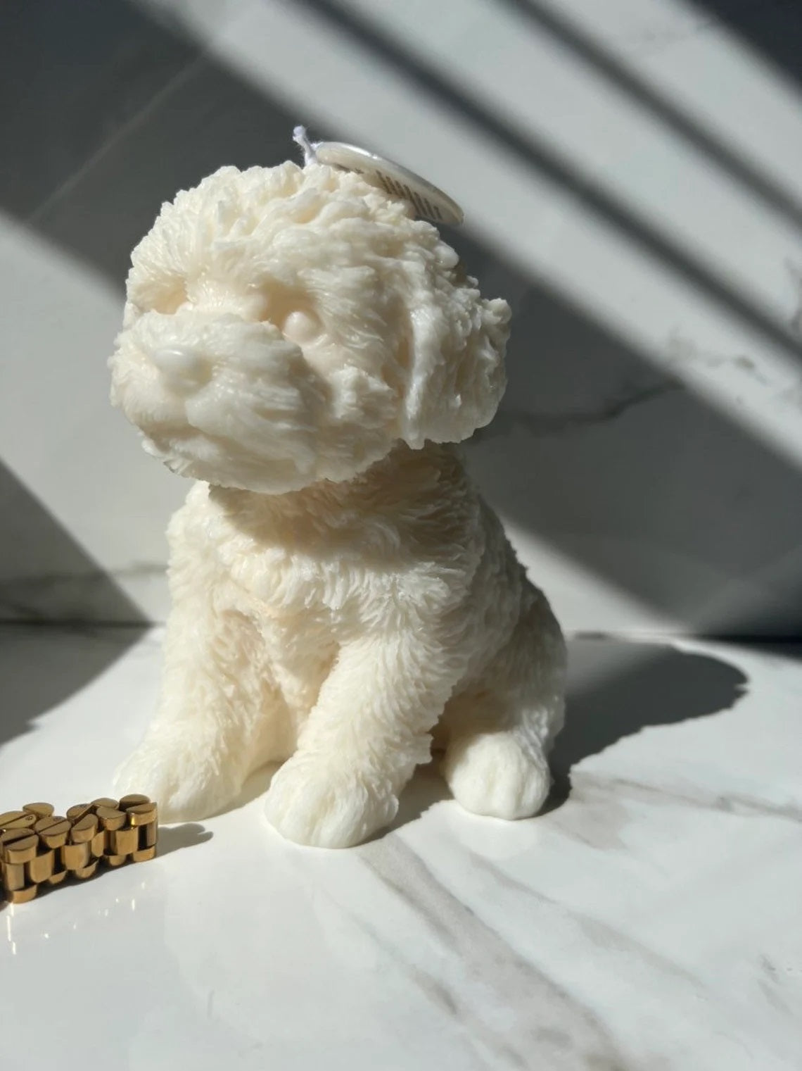 Large Fluffy Dog Candle in Ivory