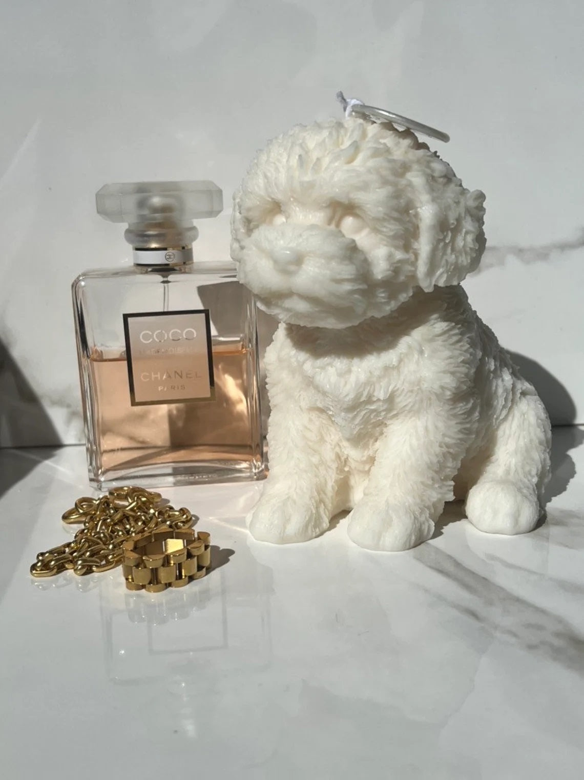 Large Fluffy Dog Candle in Ivory