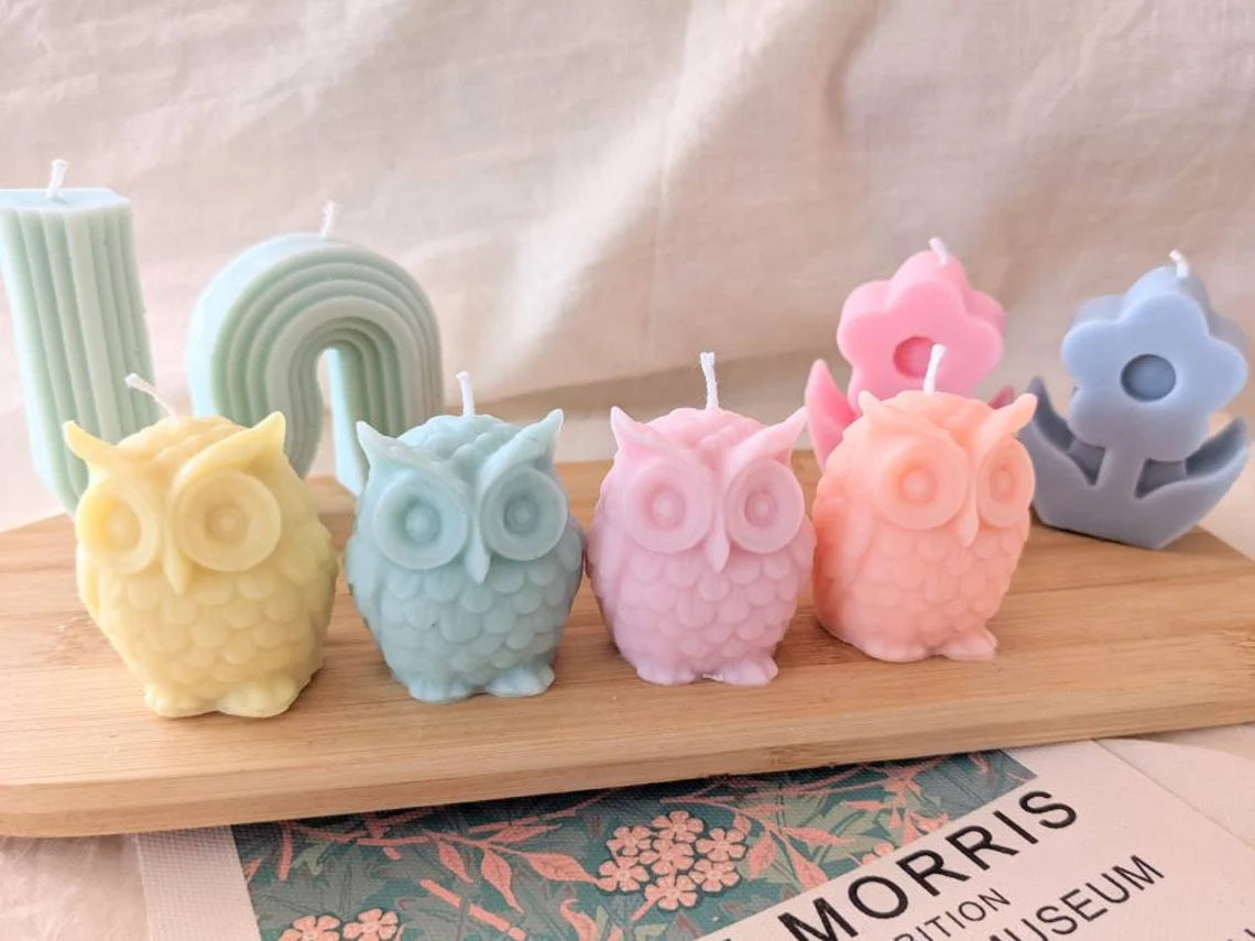 Set of 4 Mini Owl Candles in Pastel Color